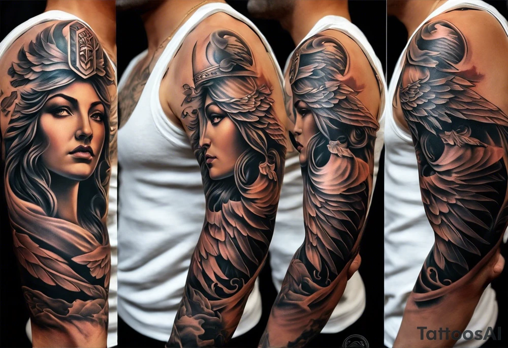 A full tattoo sleeve inspired by Greek mythology, featuring a powerful and masculine design. The sleeve includes a depiction of the Greek goddess Athena, portrayed with a strong and authoritative presence, symbolizing wisdom and strength. However, she is not the main focal point. The centerpiece is a dramatic image of a fallen angel, wings outstretched as it descends, symbolizing struggle and redemption. The design is bold, with sharp contrasts and clean lines, emphasizing the dynamic movement of the falling angel. Surrounding these figures, incorporate a mandala effect with geometric patterns that add a sense of order amidst the chaos. Additional elements such as an owl with fierce eyes, a warrior's helmet, and olive branches are woven throughout, adding depth and reinforcing the mythological theme. The overall aesthetic is intense and rugged, blending elements of power, wisdom, and fallen glory into a cohesive, masculine design. tattoo idea