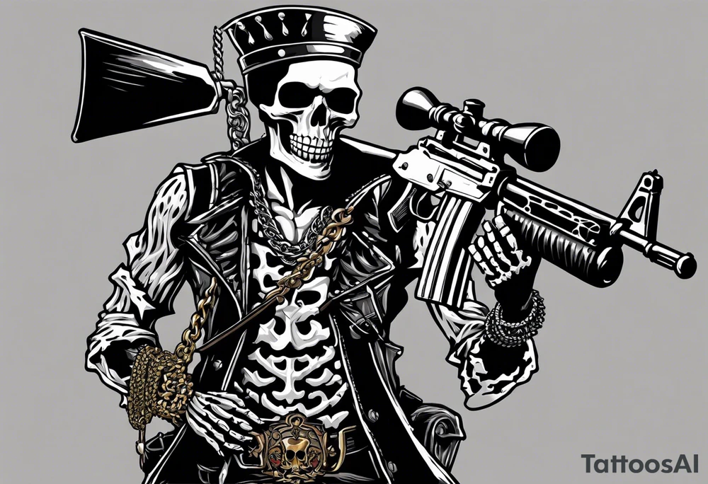 image of a skeleton standing frontally with a crown on his head, holding an AK-47 on his shoulder with his right hand. The chain on the left should be taut, there are three angry barking Dobermans in it, near the waist tattoo idea
