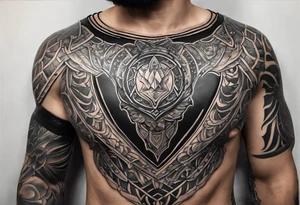 half sleeve, upper arm and shoulder, leather armor.  The crest on the shoulder is an ouroboros whose head is from the Where the Wild Things Are book tattoo idea