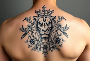 powerful majestic lion with a crown, surrounded by floral ornaments and birds tattoo idea