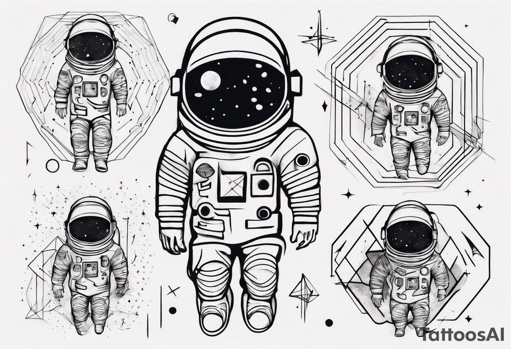 Astronaut floating around geometric lines and shapes tattoo idea