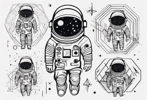 Astronaut floating around geometric lines and shapes tattoo idea