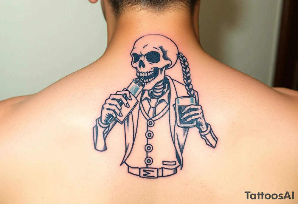 evil skeleton with braids in clothes getting drunk tattoo idea