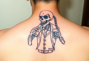 evil skeleton with braids in clothes getting drunk tattoo idea
