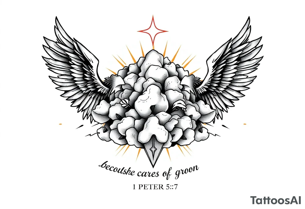 cast all your anxiety on him because he cares for you"  1 peter 5:7 with clouds and angels tattoo idea