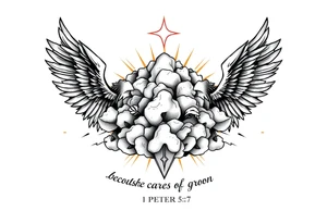 cast all your anxiety on him because he cares for you"  1 peter 5:7 with clouds and angels tattoo idea