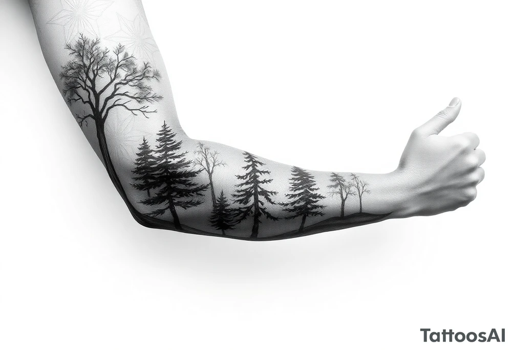 Full arm sleeve that starts with trees on the forearm tattoo idea