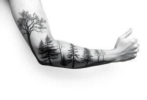 Full arm sleeve that starts with trees on the forearm tattoo idea