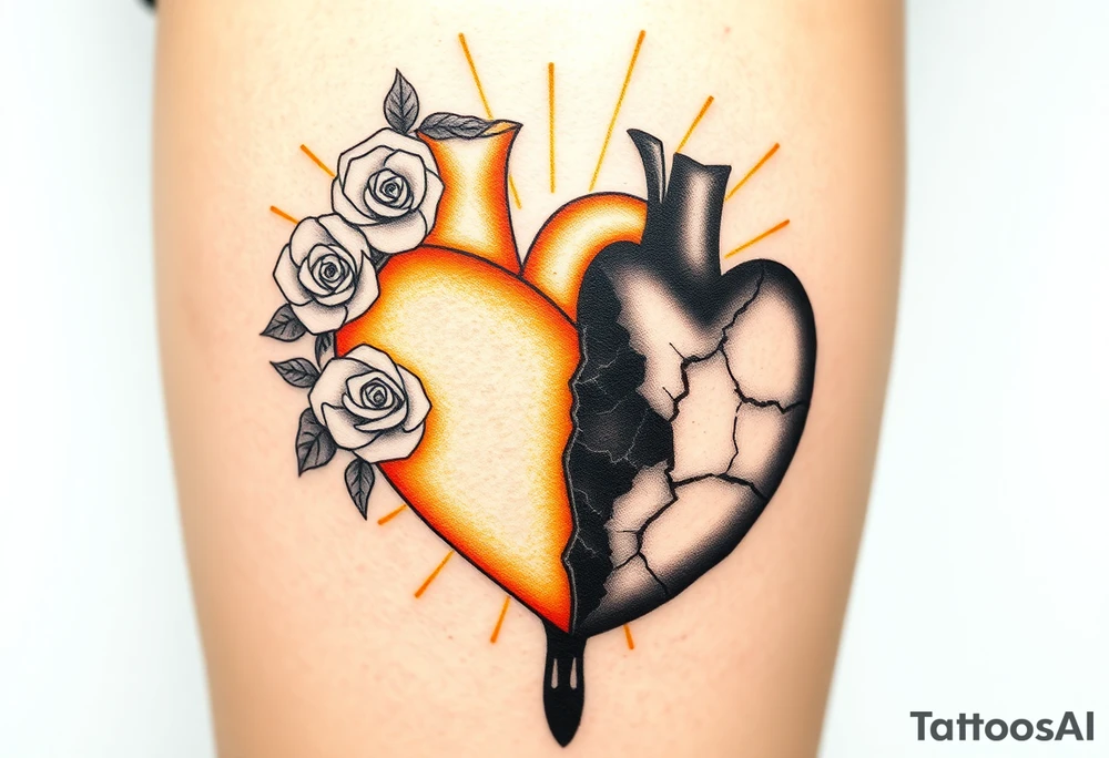 A sacred, glowing heart encased in rays of golden light, adorned with delicate white roses, representing purity, opposed to a blackened, broken heart with cracked, darkened edges, leaking a dark liquid like ink, symbolizing pain and corruption. tattoo idea