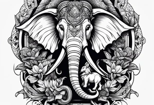 rabbit with gun fighting with dragon and evil elephant tattoo idea