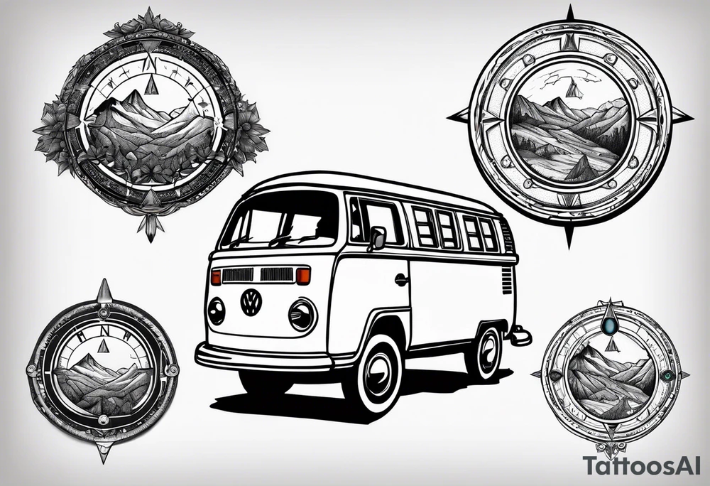 directional Compass, mountains and VW Komi campervan tattoo idea