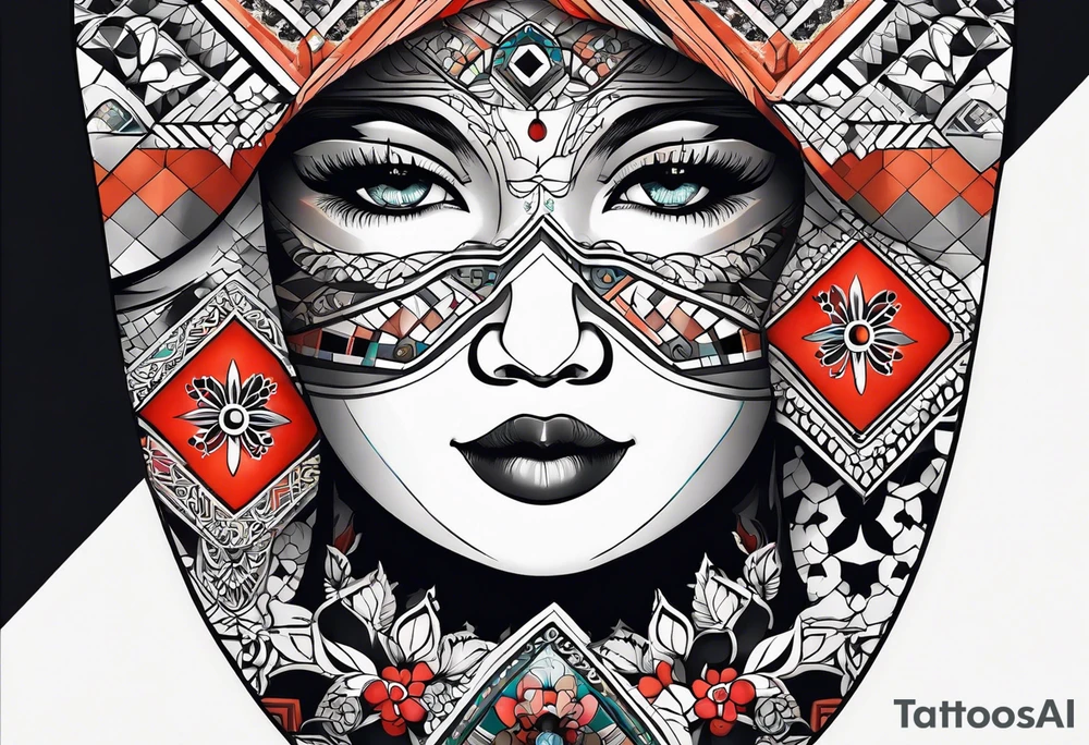 Matryoshka with geometric design,  with large pattern around it tattoo idea