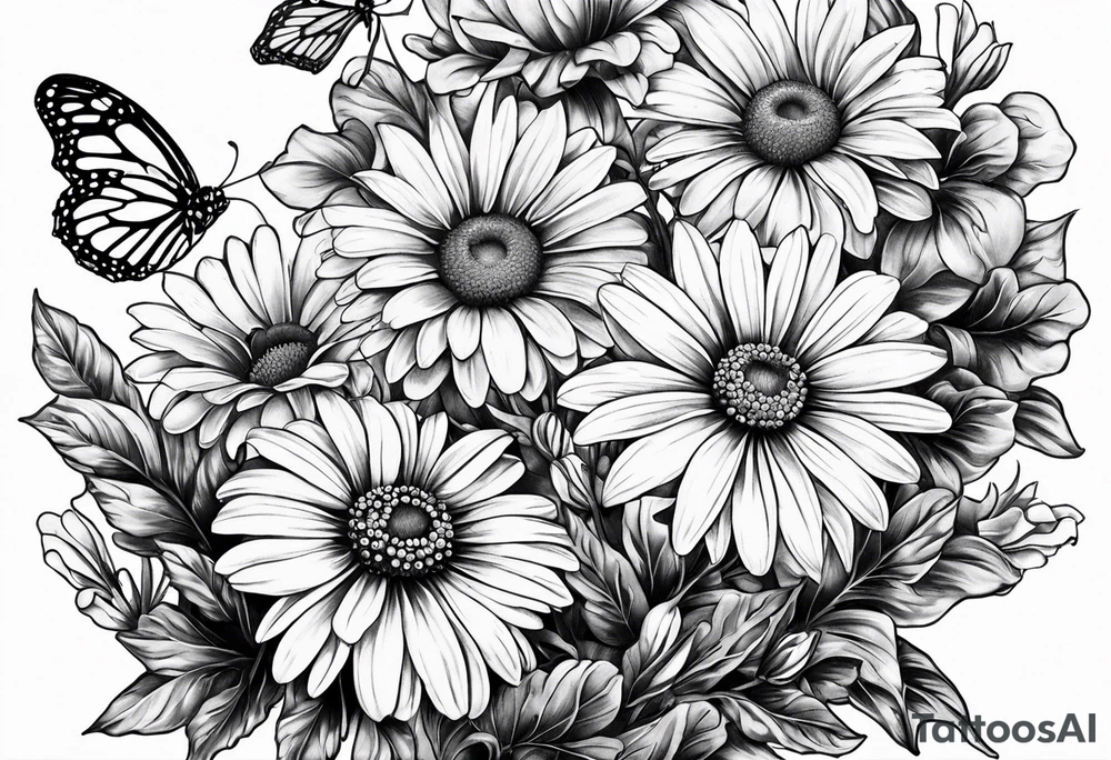 small tattoo daisies, chrysanthemum and morning glories with a butterfly tattoo idea