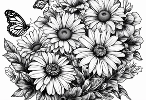 small tattoo daisies, chrysanthemum and morning glories with a butterfly tattoo idea