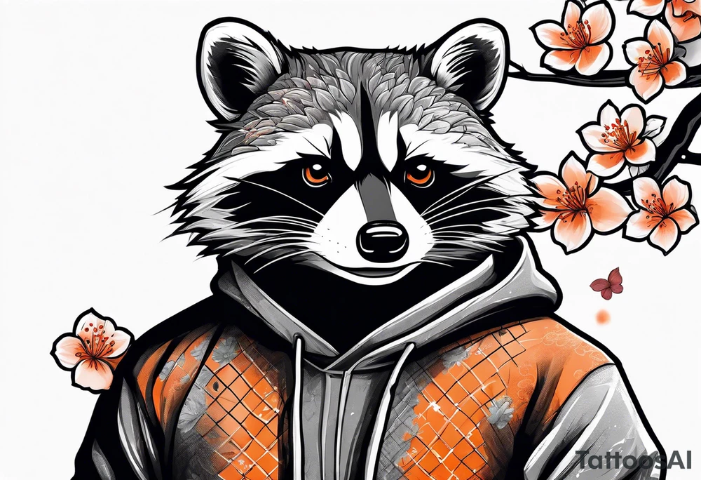 Raccoon wearing a white Superman logo on a black hoodie and orange Japanese cherry blossoms beside tattoo idea