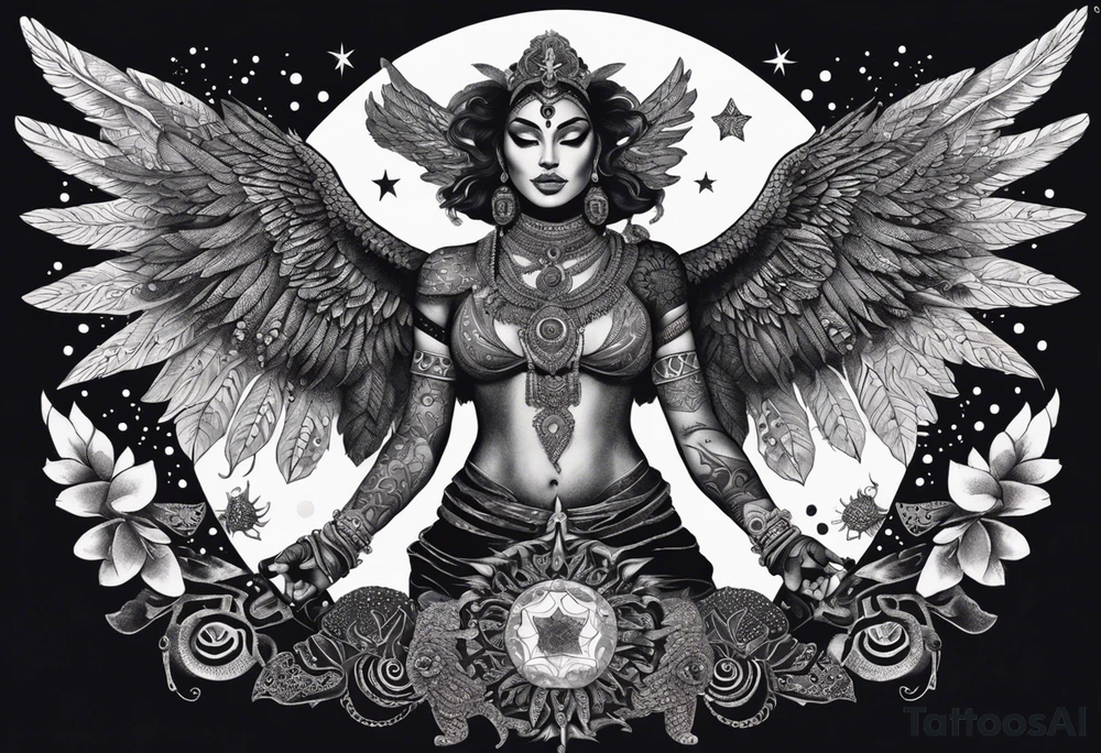 black kali, goddess pirate, alien, angel, pachamama, valkrye, warrior, flying, skull, lotus azul, wing, eagle, zenza resonance, stars, 5D, anahata chakra, death, durga, riding on a tiger, flying lady, kundalini, chest tatoo, samuri, rebel,serpent tattoo idea