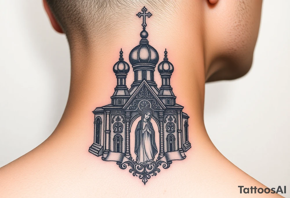 medium traditional russian orthodox church with a russian coat arms and virgin mary tattoo idea