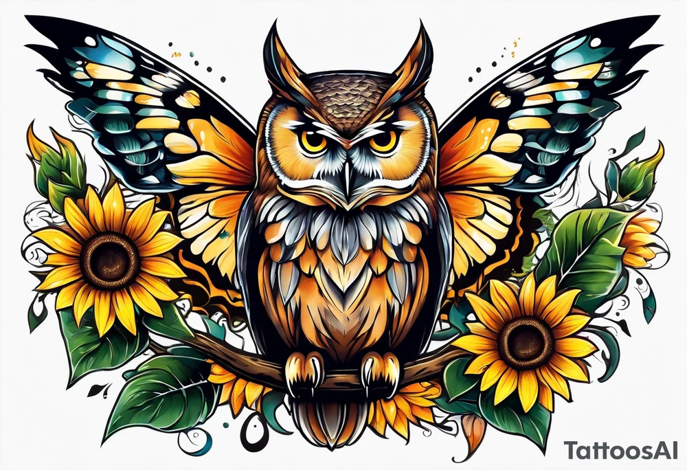 Owl with butterfly and sunflower tattoo idea