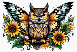 Owl with butterfly and sunflower tattoo idea