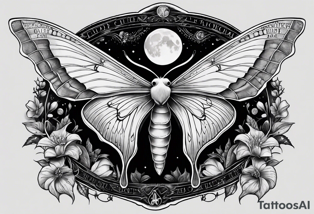 luna moth anatomically correct with all the phases of the moon arched under the moth, and the words "carpe noctem" above it in sans serif font tattoo idea