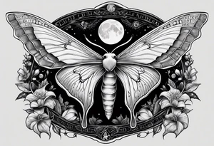 luna moth anatomically correct with all the phases of the moon arched under the moth, and the words "carpe noctem" above it in sans serif font tattoo idea