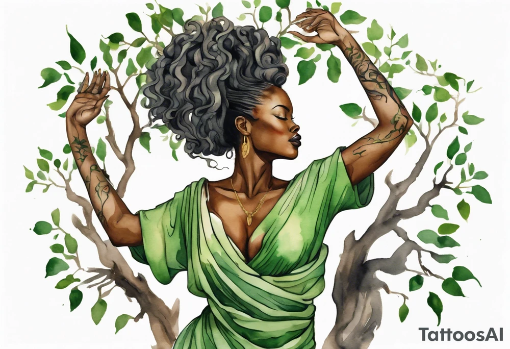 a tree trunk with roots that is a beautiful black woman from the waist up, arms reaching up to the sun, wearing a green tunic tattoo idea