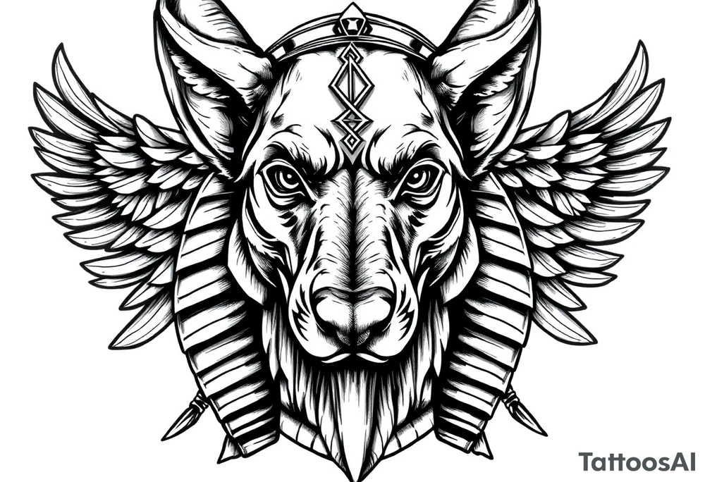 Egyptian Anubis god face muscle in Egypt style  with mantle on head with empty eyes 

dog face surrounded Egyptian symbols based on elements tattoo idea