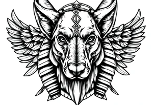 Egyptian Anubis god face muscle in Egypt style  with mantle on head with empty eyes 

dog face surrounded Egyptian symbols based on elements tattoo idea