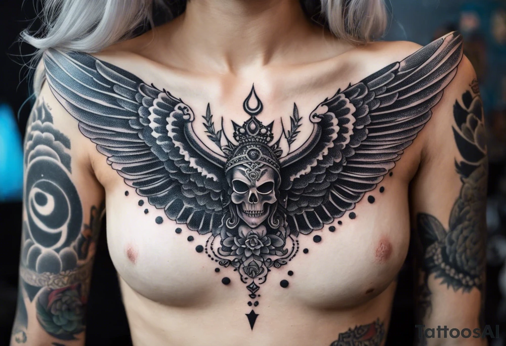 black kali, goddess pirate, alien, angel, pachamama, valkrye, warrior, flying, skull, lotus azul, wing, eagle, zenza resonance, stars, 5D, anahata chakra, death, durga, riding on a tiger, flying lady, chest tatoo tattoo idea