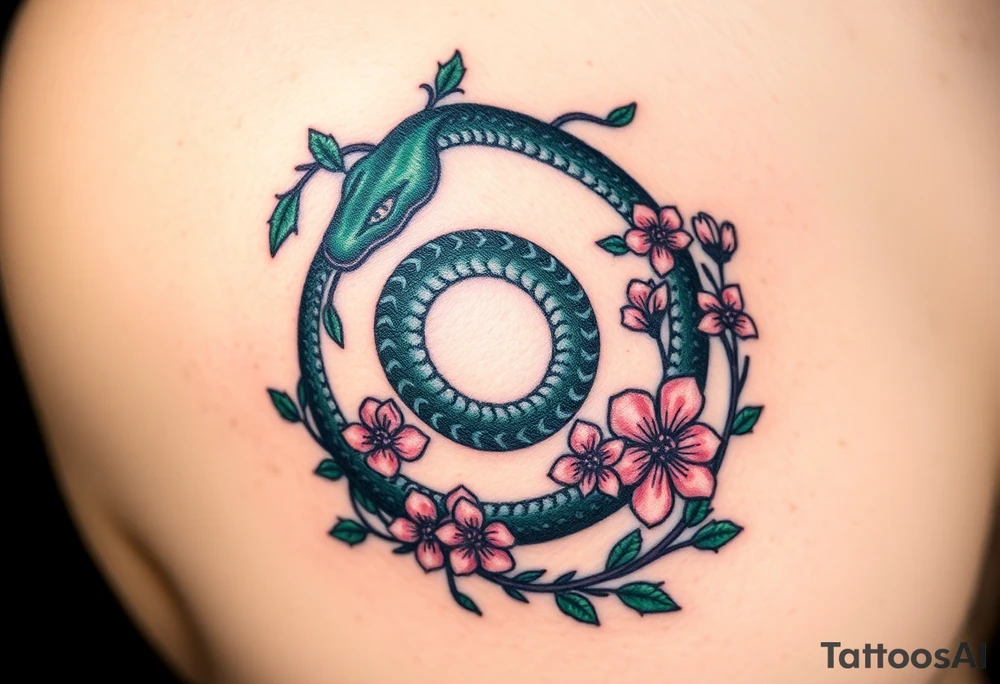 A dark green Ouroboros snake in cyrcle intertwined with vines and blooming flowers, symbolizing the cycle of life and growth. tattoo idea