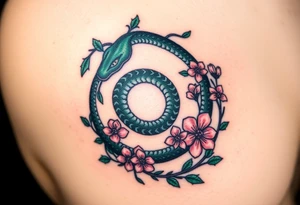 A dark green Ouroboros snake in cyrcle intertwined with vines and blooming flowers, symbolizing the cycle of life and growth. tattoo idea