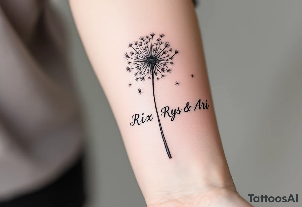 Dandelion flowing to air with these words on stem in cursive (Rix Rys & Ari) long elegant stem with subtle shadowing through drawing in pink hues tattoo idea