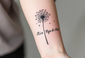 Dandelion flowing to air with these words on stem in cursive (Rix Rys & Ari) long elegant stem with subtle shadowing through drawing in pink hues tattoo idea