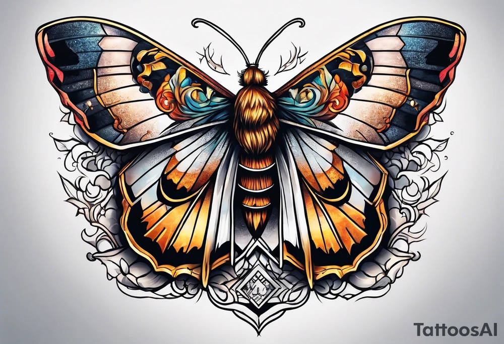 Moth flying near a campfire tattoo idea