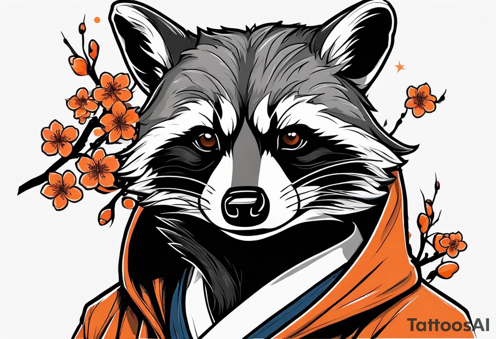 Raccoon wearing a white Superman logo on a black hoodie and orange Japanese cherry blossoms tattoo idea