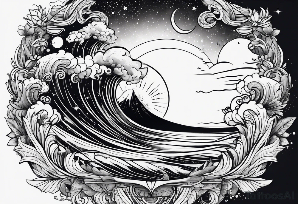 line art space with waves tattoo idea
