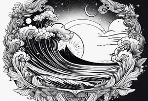 line art space with waves tattoo idea