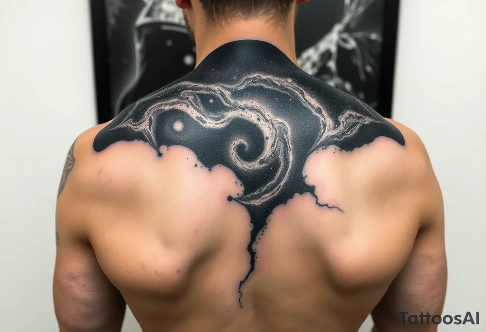 cover up tattoo of the galaxy that covers the upper portion of the back that is hyper realistic tattoo idea