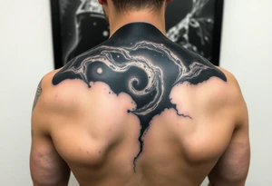 cover up tattoo of the galaxy that covers the upper portion of the back that is hyper realistic tattoo idea
