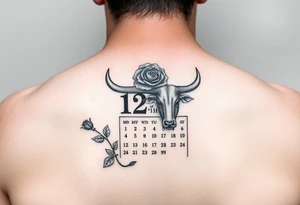 Calendar with the date 12th of April with a rose and a Spanish bull tattoo idea