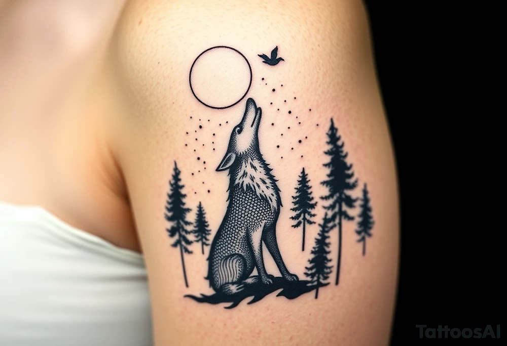 Lone wolf howling at the moon stars in the night sky in a forest with a little dove in the sky tattoo idea