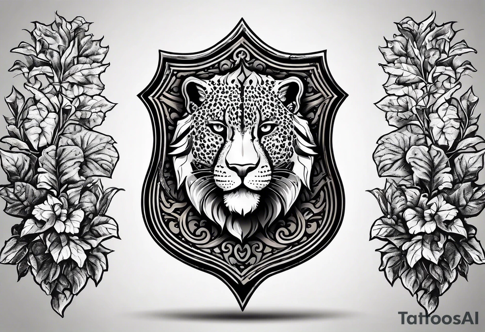 A shield with small leopar head as shield's emblem. The shield would be hang on a ivy planted wall tattoo idea