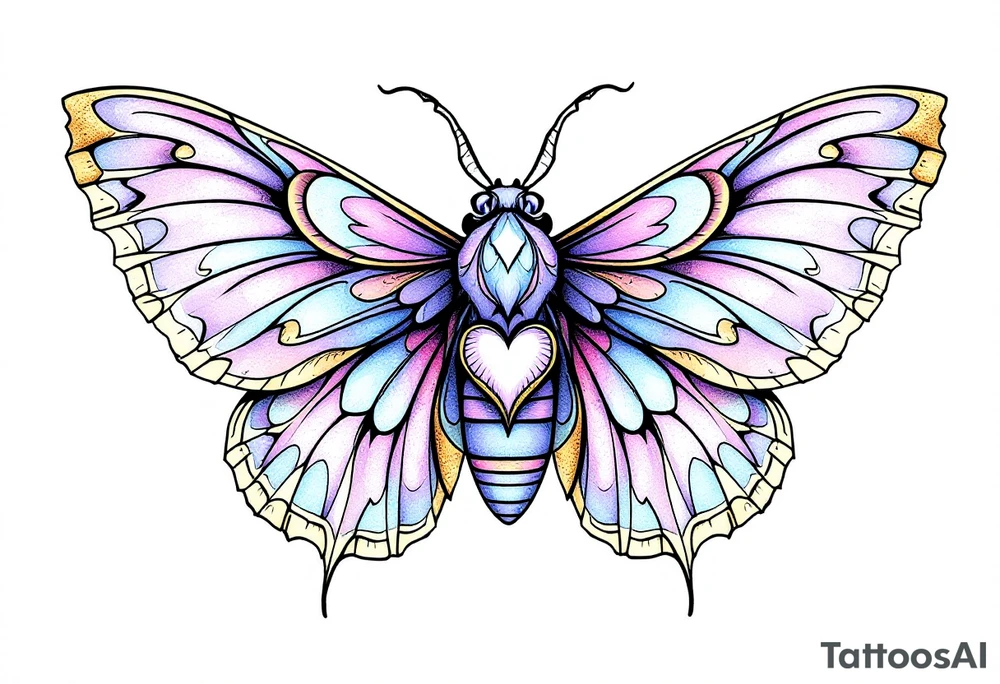 A delicate moth with intricately patterned wings, adorned with soft pastel hues of lavender, pale pink, and light blue. The wings are outlined in fine black ink to accentuate the details, with small golden accents at the tips of the wings, symbolizing enlightenment and transformation. In the center of the moth’s body, a small heart-shaped symbol is subtly integrated, representing love. tattoo idea