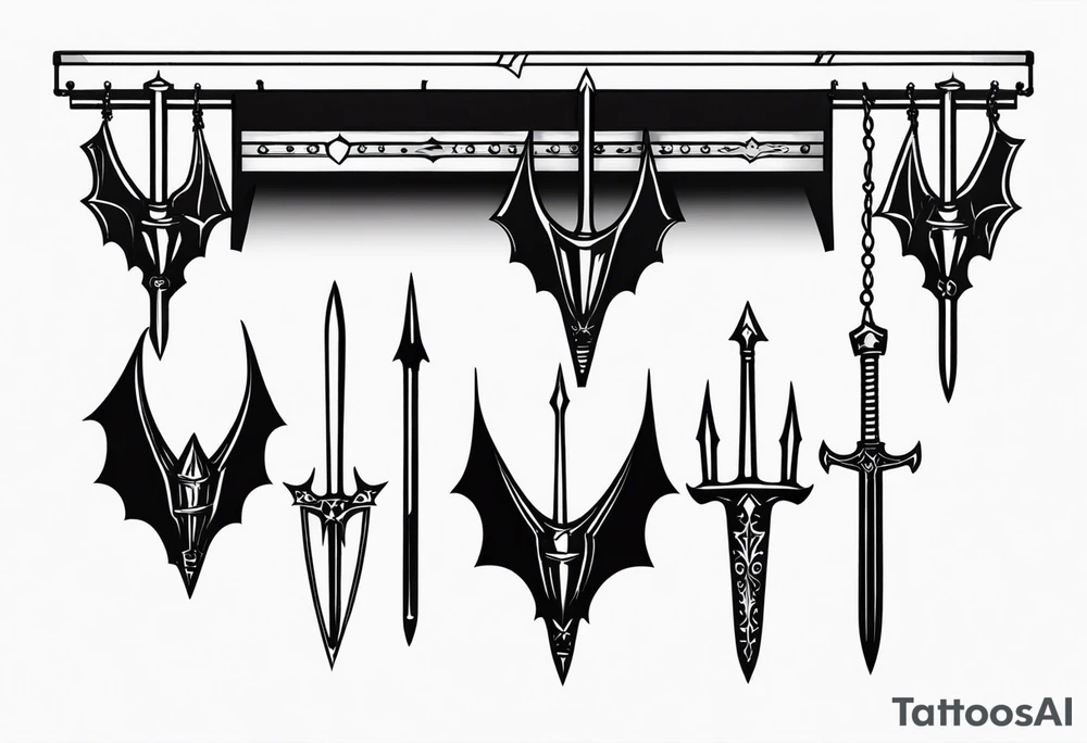 Medieval weapons rack with 4 different kind of bats hanging from 4 of the 6 open spaces. tattoo idea