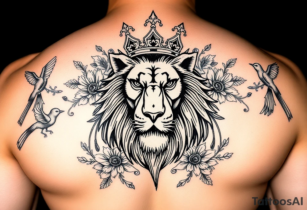 powerful majestic lion with a crown, surrounded by floral ornaments and birds tattoo idea