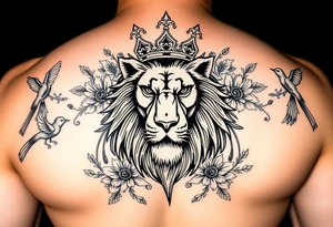 powerful majestic lion with a crown, surrounded by floral ornaments and birds tattoo idea