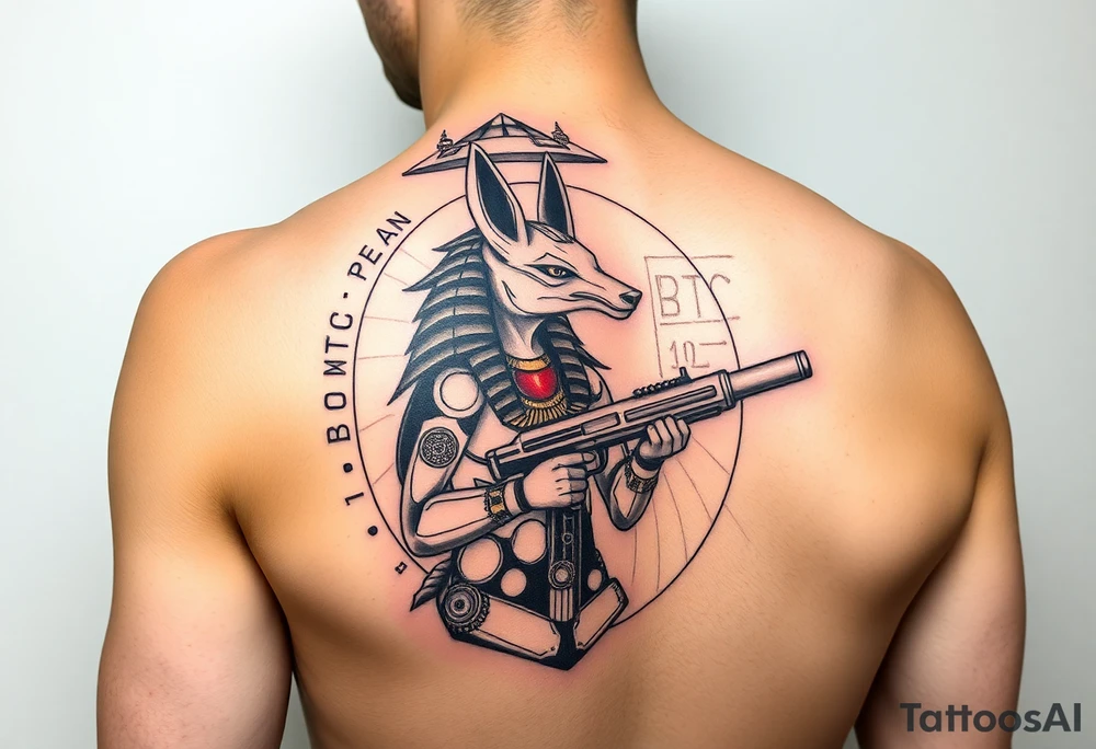 "Anubis in a ufo, holding a tommy gun. His jackal head is half-cyborg (exposed circuits). Hieroglyph background spells 'BTC TO THE MOON'.  

Style: Art Deco meets cyber-Egyptian. Black/red/gold ink. Forearm sleeve." tattoo idea