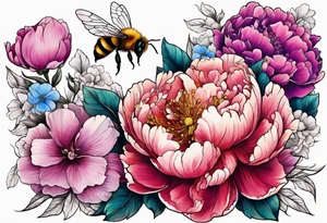 Vibrant peony with hydrangea and petunias foliage and a bee tattoo idea