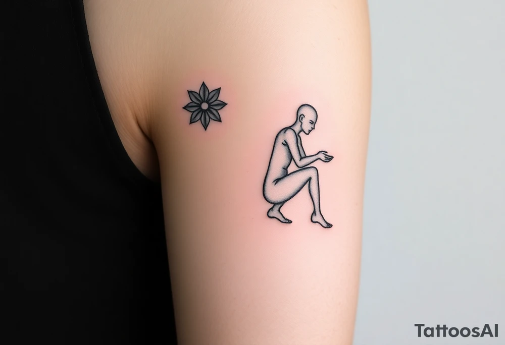 generate 3 minimalistic batch tatoos for the left male hand. one shoud be flowery the other should be an outline servant drawing with a bendend knee and initials "WDGFS" think of a 3rd. position them where i don't see them easily eg at the back or sides of the arm tattoo idea