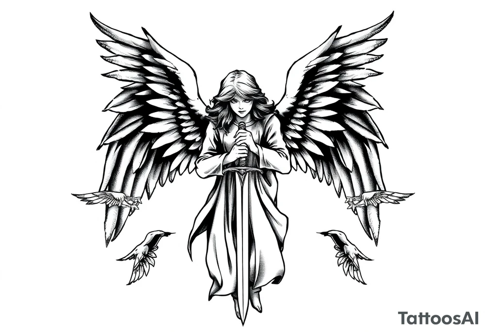 Angel with two wings that are covering its face, two wings covering its feet, and two flying out at its sides while the angel holds a sword tattoo idea
